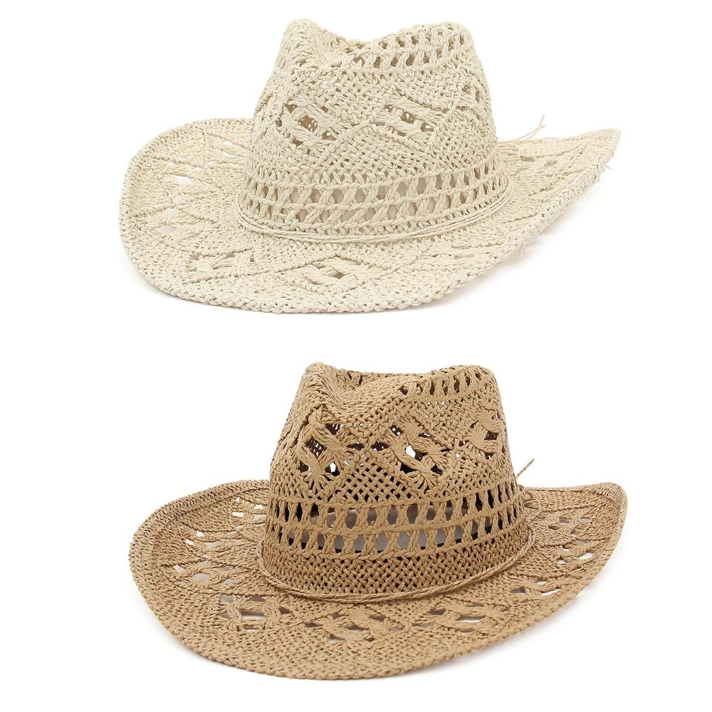8965 Men & Women's Summer Cowboy Cowgirl Straw Hat Hollow Out Woven Roll Up